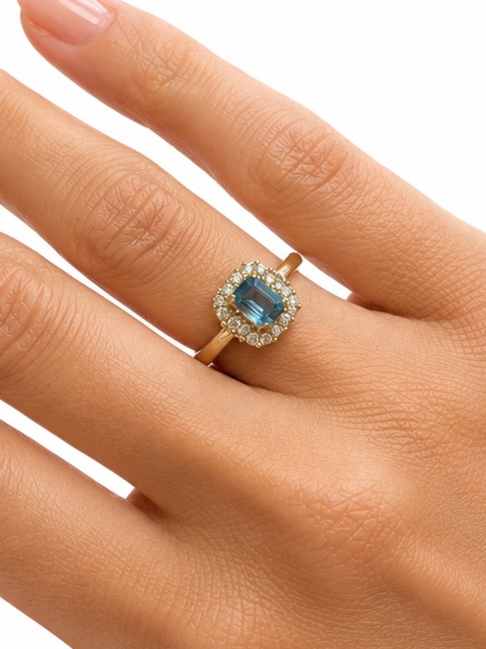 Ring Halo Style Gold Tone Blue Stone Rhinestone Sz. 6.5”